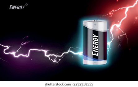 Composición realista de color energético con batería eléctrica a flash de ilustración vectorial de fondo de relámpago
