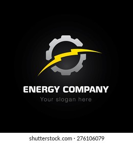 Energy company logo. Electrical or mechanic industrial company brand icon. Lightning and gears as sunrise. Electricity, bolt vector sign. Set of elements. Isolated abstract graphic design template.