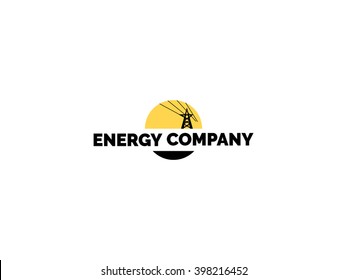 Energy company logo. High voltage tower on a sun background
