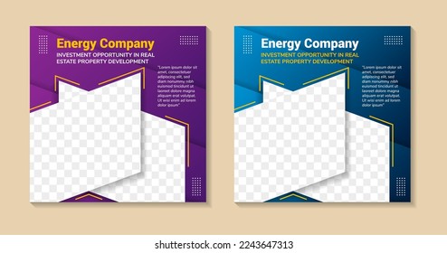 energy company social media post banner template with purple and green gradient colors background. circle and diagonal papercut pattern style. space for photo collage. yellow and green element color.