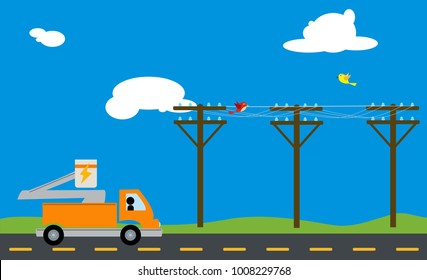 Energy company utility truck driving down road near power poles