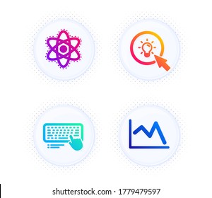 Energy, Computer keyboard and Chemistry atom icons simple set. Button with halftone dots. Line chart sign. Turn on the light, Pc device, Laboratory molecule. Financial graph. Science set. Vector