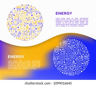 Energy concept in circle with thin line icons: factory, oil platform, hydropower, wind energy, power socket, radioactivity, garbage, oil rig, recycling. Vector illustration, web page template.