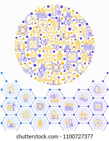 Energy concept in circle with thin line icons: factory, oil platform, hydropower, wind energy, power socket, radioactivity, garbage, oil rig, recycling. Vector illustration, print media template.