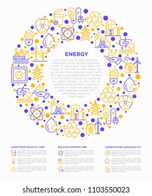 Energy concept in circle with thin line icons: factory, oil platform, hydropower, wind energy, power socket, radioactivity, garbage, oil rig, recycling. Vector illustration, web page template.