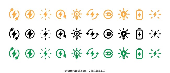 Energy concept. Collection of modern high quality. Electricity icons set. Set of green energy thin line icons. Power related icon set. Icons for renewable energy, green technology. Vector illustration