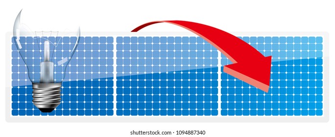 Energy concept design, light bulbs and arrows in front of solar panels