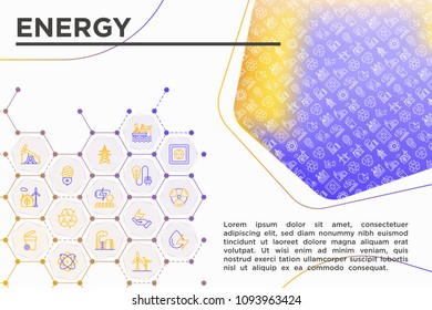 Energy concept with thin line icons: factory, oil platform, hydropower, wind energy, power socket, radioactivity, garbage, oil rig, solar energy, recycling, nuclear energy. Modern vector illustration,