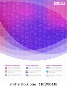 Energy concept with thin line icons: factory, oil platform, hydropower, wind energy, power socket, radioactivity, garbage, oil rig, recycling. Vector illustration, print media template.