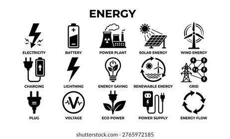 Energy concepts and sources icons set including electricity solar wind and renewable energy various power related symbols icone set