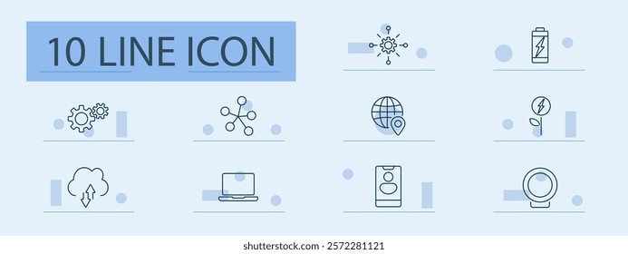 Energy and connectivity set icon. Gears, energy network, global positioning, eco-energy, cloud storage, laptop, remote access, power, mobile device, lens