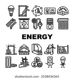 Energieeinsparung Effizienz Symbole setzen Vektor. Nachhaltigkeit erneuerbar, Isolierung, Optimierung, Reduktion grün, umweltfreundliche Energieeinsparung Effizienz schwarze Kontur Illustrationen