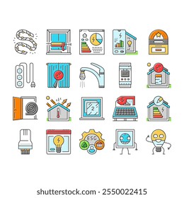 energy conservation green save icons set vector. efficiency environment, eco earth, ecology renewable, world nature, international energy conservation green save color line illustrations