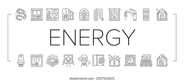 energy conservation green save icons set vector. efficiency environment, eco earth, ecology renewable, world nature, international energy conservation green save black contour illustrations