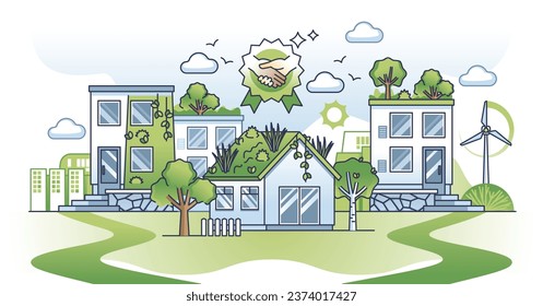 Iniciativas de conservación de energía con el concepto de esquema de vivienda de acuerdo verde. Construcción de viviendas amigable con la naturaleza, con una producción de energía alternativa sostenible, ilustración vectorial. Estilo de vida ambiental.