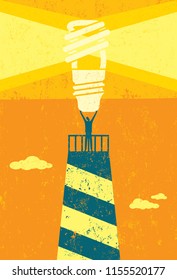 Energy conservation lighthouse. A businessman holding up a bright, energy efficient light bulb, atop a lighthouse, as a symbol for others to follow for future energy conservation. 