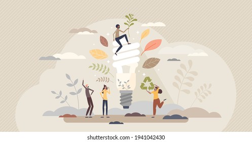 Energy conservation as low power lighting consumption tiny person concept. Lightbulb with green environmental resources usage as nature friendly and environmental efficient lamp vector illustration.
