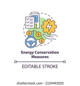 Icono de concepto de medidas de conservación de energía. Ilustración de línea delgada de ideas abstractas del plan de recursos energéticos. Beneficios operacionales. Dibujo de contorno aislado. Trazo editable. Fuentes Arial, Myriad Pro-Bold utilizadas