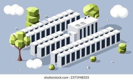 Konzept von Energieeinsparungsanlagen Fabrik in der Nähe von Bäumen und Wolken. Naturpflege und Ökologie, nachhaltiger Lebensstil. Low-Poly-Modell der Herstellungsprozesse. Cartoon-isometrisches Vektorkonzept