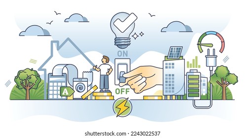 Energy conservation and turn off switch to save electricity outline concept. Green and sustainable power usage from recyclable resources to protect environment and nature ecology vector illustration.