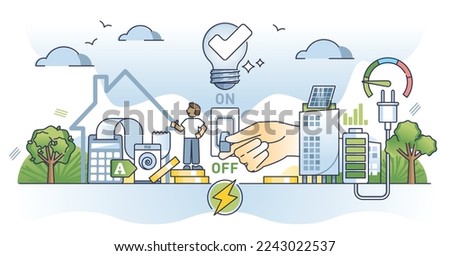 Energy conservation and turn off switch to save electricity outline concept. Green and sustainable power usage from recyclable resources to protect environment and nature ecology vector illustration.