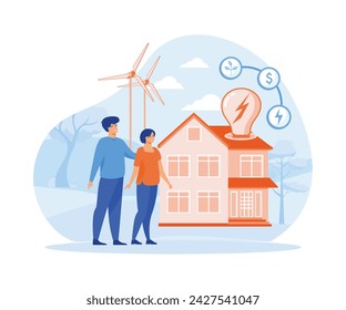  Energy consumption concept. Man and woman reduce energy consumption at home. flat vector modern illustration 