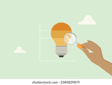 Energy Consumption Monitoring and Analysis Illustration. hand examining energy usage data through magnifying glass with lightbulb graph, representing energy consumption tracking. Vector illustration