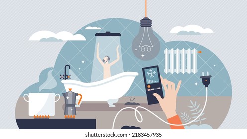 Energy consumption and water heating with electricity tiny person concept. Natural gas usage for home climate control and radiators vector illustration. Domestic lighting or kitchen cooking