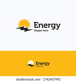 Energy corp logo. Industrial gear cog logo template. Round lightning mechanical logo with sun