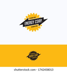 Energy corp logo. Industrial gear cog logo template. Round lightning mechanical logo with text inside