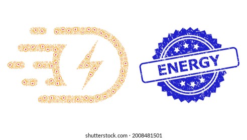 Energy corroded seal and vector recursion mosaic electric voltage. Blue stamp seal has Energy title inside rosette. Vector mosaic is designed of randomized rotated electric voltage items.