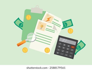 Energy Cost Analysis Document with Bills and Calculator. Utility bill analysis illustration showing energy documents, calculator, and payment elements. Flat style. Vector illustration