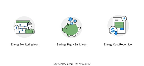 Energy and Cost Efficiency. Energy Monitoring Icon, Energy Cost Report Icon, Savings Piggy Bank Icon