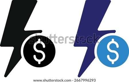 energy cost icon. Lightning bolt with dollar sign. Energy efficiency symbols. power consumption expenses icons. representing economic inflation 
