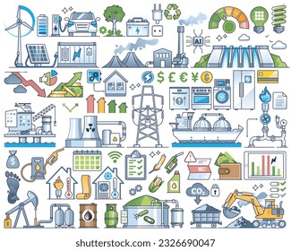 Energiekosten, Stromerzeugung und Ressourcenschonung - Rahmenkollektion. Kostenlose Elektrizität, fossile oder alternative Quellen, Vektorgrafik. Elemente mit finanziellen Energiekosten.