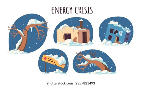 Energy crisis aftermath. Snow covered winter tree, abandoned house set. Frozen sign board, snowy broken tree, building with cracks, ice snowfall. Snowdrift, snowstorm, natural disaster illustration