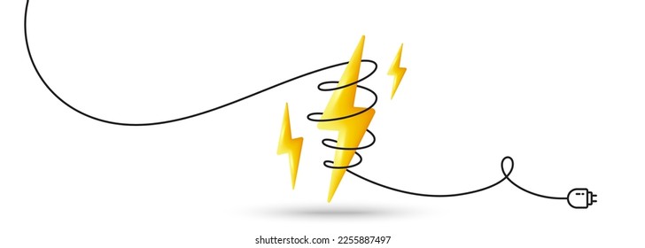 Fondo de crisis energética. Tornillo de rayo 3d realista envuelto con cordón. Pancarta de perno de perno eléctrico. Energía flash, voltaje eléctrico. Icono de la crisis eléctrica de rayos 3d. Ilustración del vector