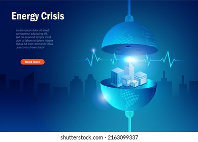 Energy crisis. City buildings in light bulb globe with ECG EKG medical line to save world health. World environment day, sustainable environment, earth day,  save energy save planet and earth hour 