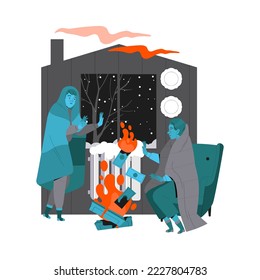 Energy Crisis and Disaster with Man Character Wrapped in Blanket Burning Fire at Home Trying to Warm Vector Illustration