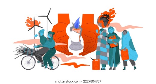 Energy Crisis and Disaster with People Characters Trying to Warm Vector Illustration