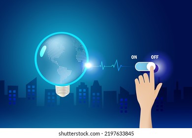 Energy crisis, earth hour concept. Hand switch off globe lightbulb to save energy. World environment day, earth day, sustainable environment.