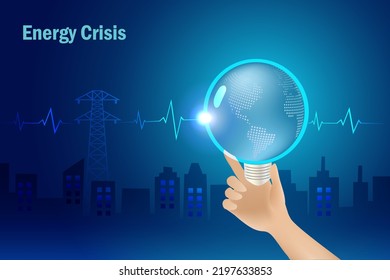 Energy crisis, earth hour concept. Hand hold globe light bulb with ECG EKG electrocardiogram world medical health. World environment day, earth day, sustainable environment. 