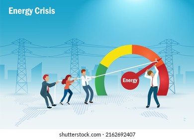 Energy crisis, electricity and commodities supply at high price. People pull rope to low energy scale from high risk level with electric tower and line background.  