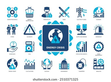 Conjunto de ícones de Crise de Energia. Manipulação De Mercado, Guerras, Flutuações, Escassez, Indústria, Governo, Combustível, Acidentes. Ícones sólidos de cor duotônica