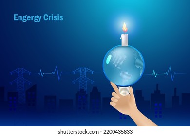 Energy crisis, shortage and demand of electricity energy. Hand holing globe with candle lighting with ECG EKG medical health represent critical and shortage of energy. 