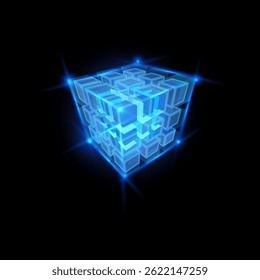 Projeto vetorial de blocos de cubo de energia. Brilhando azul neon forma de grade quadrada, quebra-cabeça geométrico. Alta tecnologia, rede de servidores de computador. Elemento AI HUD. Matriz de caixa de Big Data. Sistema digital cibernético