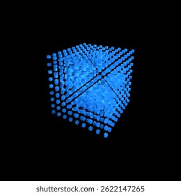 Energy cube made of small glowing blue blocks. Cloud database. Quantum computer service. Innovative technologies and programming. Quantum service. Isolated black background. Vector illustration.