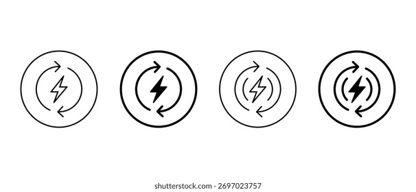 Energy cycle icon set in circular outline. Lightning bolt with circular arrow symbol