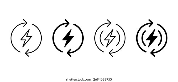 Conjunto de iconos de ciclo de energía. Perno de relámpago con símbolo de flecha circular