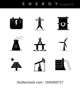 Energy design icon set. Set of silhouette energy icon. Natural energy types vector illustration on background for your web mobile application logo design. Modern editable calligraphy.